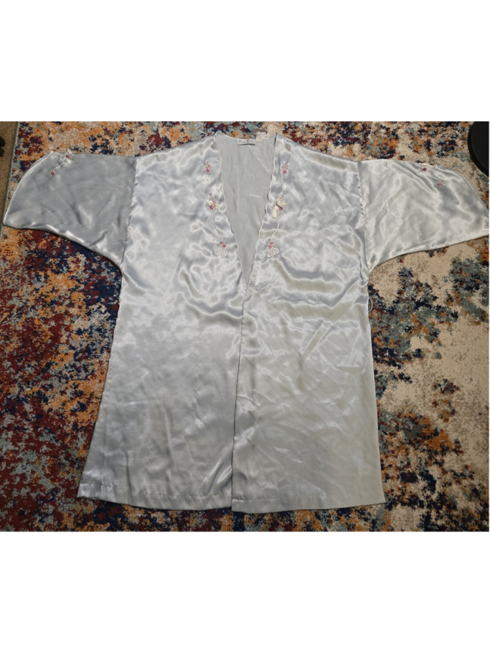 Vintage 80s Val Mode Lingerie Satin Kimono Robe Ice Blue Embroidered Rose Size M